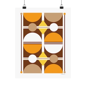 Lámina artística de estilo vintage de los años 70 / Arte mural retro de círculos y diamantes en marrón, naranja y amarillo / Decoración del hogar de los años 70