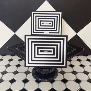 Bonjour carte noire et blanche | Illusion d'optique de Zazzle.be Liste d'envies Vous avez des idées ? d'art optique | Carte noire et blanche d'illusion d'optique | Bonjour, carte d'adieu