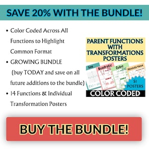 May include: A digital educational bundle featuring 51 color-coded posters of parent functions and transformations. The text includes 'SAVE 20% WITH THE BUNDLE!', 'PARENT FUNCTIONS WITH TRANSFORMATIONS POSTERS', and 'BUY THE BUNDLE!' on a red button.