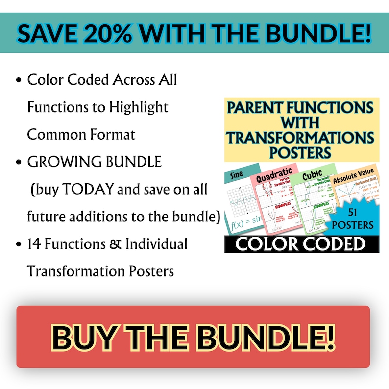 May include: A digital educational bundle featuring 51 color-coded posters of parent functions and transformations. The text includes 'SAVE 20% WITH THE BUNDLE!', 'PARENT FUNCTIONS WITH TRANSFORMATIONS POSTERS', and 'BUY THE BUNDLE!' on a red button.