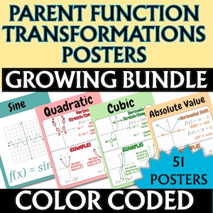 May include: A set of 51 colour-coded educational posters titled Parent Function Transformations Posters Growing Bundle. The posters feature mathematical graphs and formulas for sine, quadratic, cubic, and absolute value functions with text.