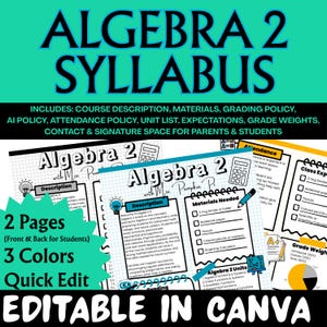 Op de afbeelding: Een Algebra 2 syllabus sjabloon bestaande uit twee pagina's met secties voor cursusbeschrijving, materialen, beoordelingsbeleid, AI-beleid, aanwezigheid, eenhedenlijst en verwachtingen, voorzien van een rasterachtergrond en iconen.