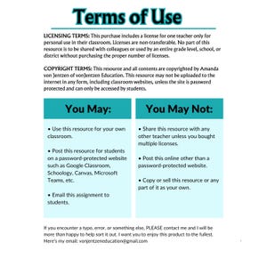May include: A document titled Terms of Use outlining licensing and copyright terms for educational resources by Amanda von Jentzen. It features two columns, You May and You May Not, detailing usage rights for teachers and classroom settings.