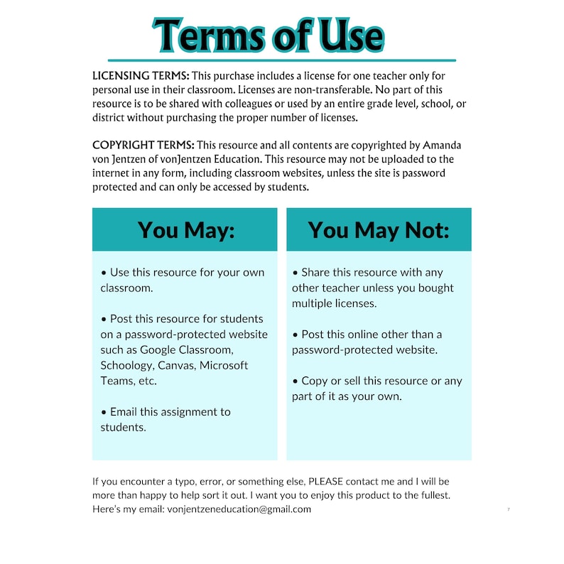 May include: A document titled Terms of Use outlining licensing and copyright terms for educational resources by Amanda von Jentzen. It features two columns, You May and You May Not, detailing usage rights for teachers and classroom settings.