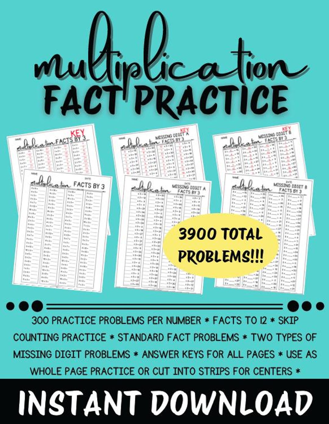 Multiplication Fact Drill Worksheets-3900 Problems-missing Product ...