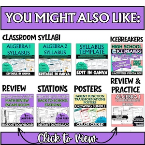 May include: A digital collection of educational resources titled YOU MIGHT ALSO LIKE, featuring thumbnails for Algebra 1 and 2 syllabi, a syllabus template, high school icebreakers, math review escape rooms, back to school stations, and posters.