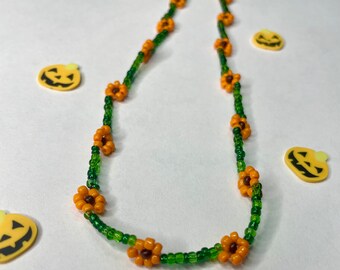 Pumpkin Patch Orange and Green Flower Bead Daisy Chain Autumn Fall Necklace