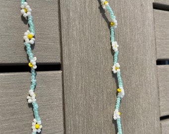 Small White and Yellow Flower Bead Daisy Chain with Small Aqua Blue Spaces Beaded 17” Necklace