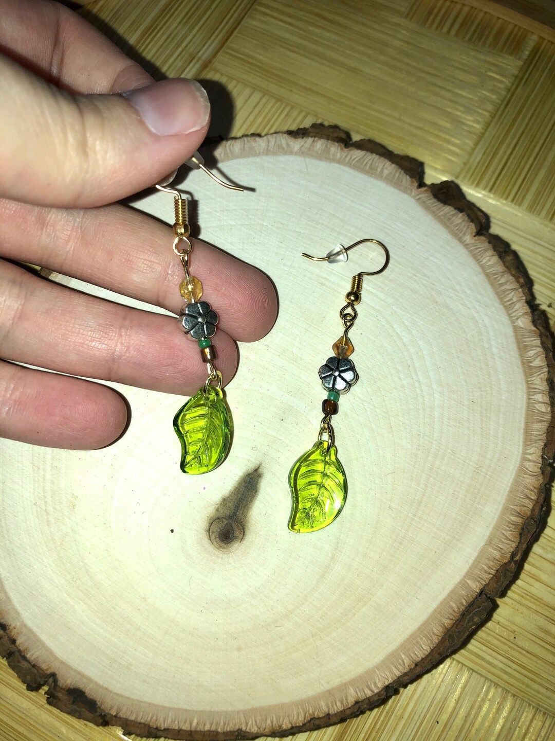 Gold Dangly Fish Hook Back Earrings With Silver Flower Metal Etsy