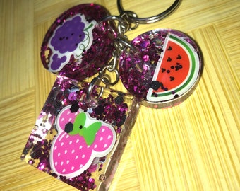 Disney World Disney Land Mickey Mouse und Minnie Mouse süße Frucht Erdbeere, Wassermelone und Trauben rosa Glitter Silber Schlüsselanhänger