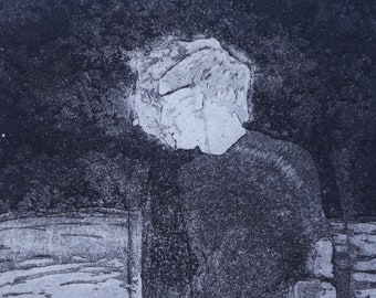 Original etching with aquatint, man in black and white