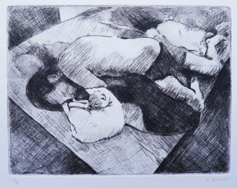 Original drypoint print, man and white cat on a bed