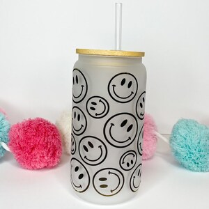 Smiley Face Glass Can with Bamboo Lid & Straw