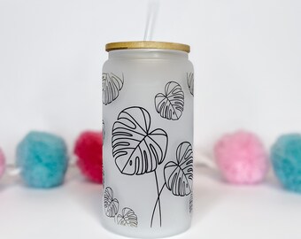 Monstera Glass Can with Bamboo Lid & Straw