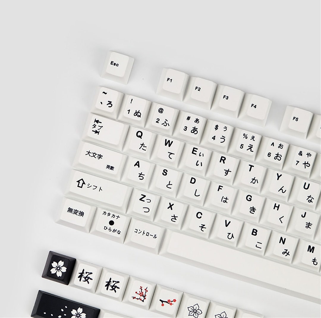 129pcs Black White Japanese Keycap Set, Sakura Keycap Set, PBT Keycap