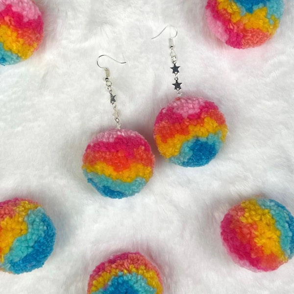 Rainbow Pom Pom, Pom Pom Earrings, Rainbow Pom Earrings, Rainbow Earrings, Sprinkle Pom Pom Earrings, Multi Colored Poms, Stripe Pom Pom,