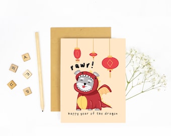 Rawr! Happy Lunar New Year - Year of the Dragon Greeting Card, 2024 Lunar New Year Card, Lunar New Year Dragon Card