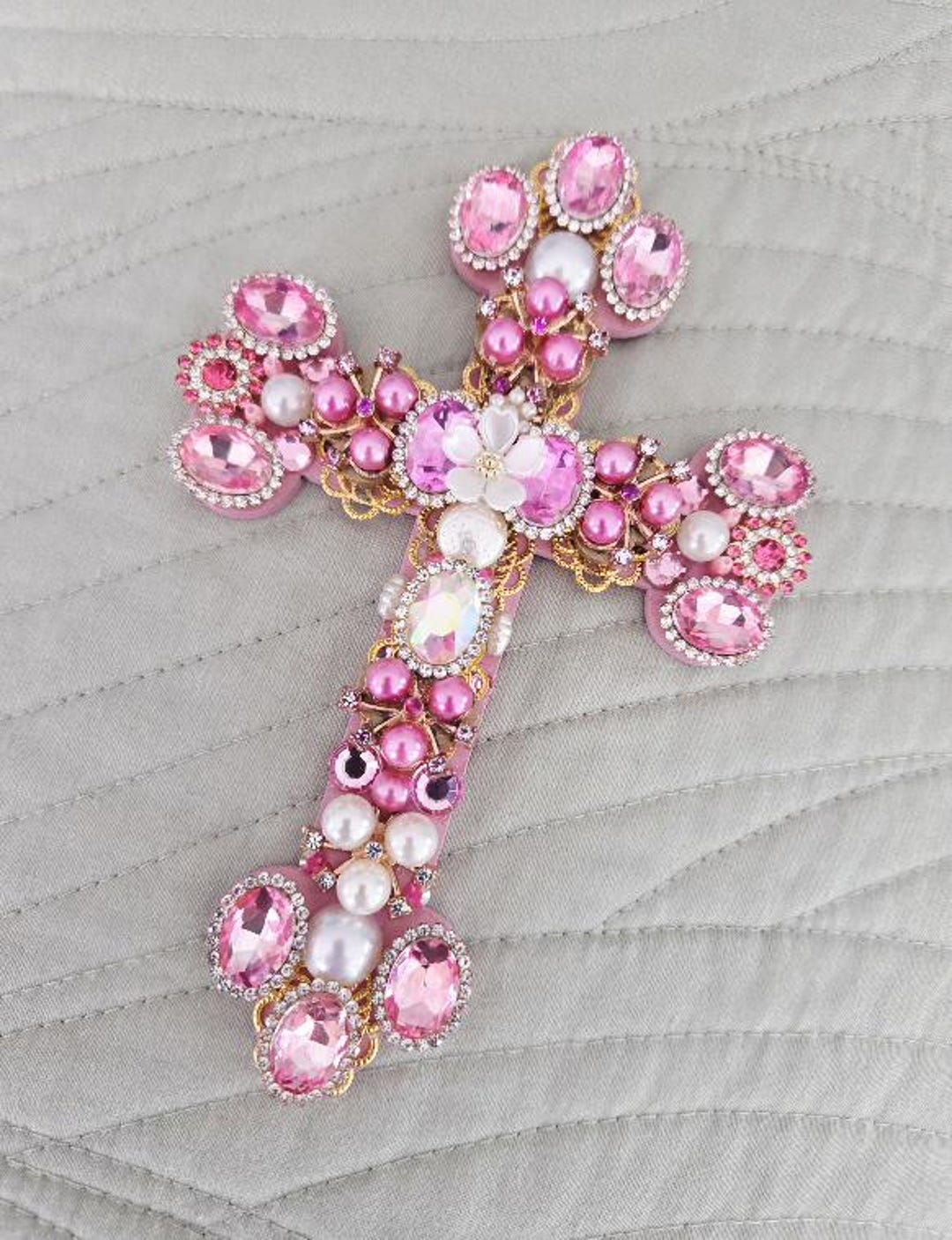 Handmade Pink Cross, Jeweled Pink & Pearl Cross, Original Signed Wall ...