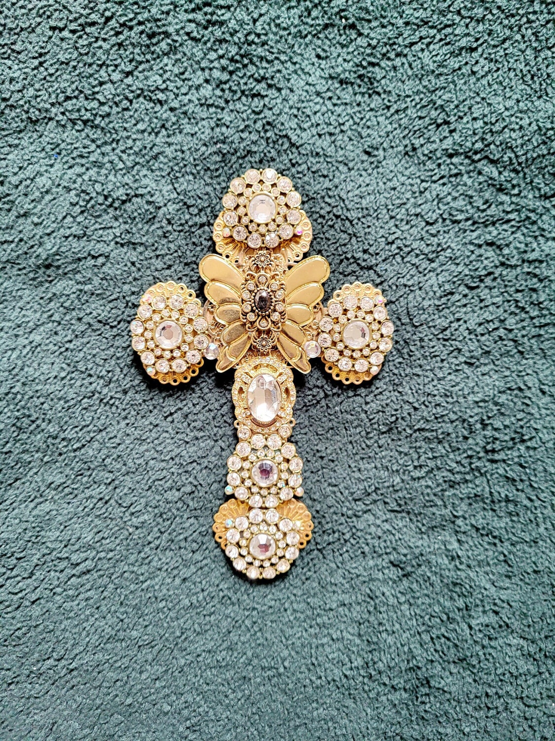 Rhinestone Wall Cross, Gold Butterfly Cross, Jeweled Wall Hanging