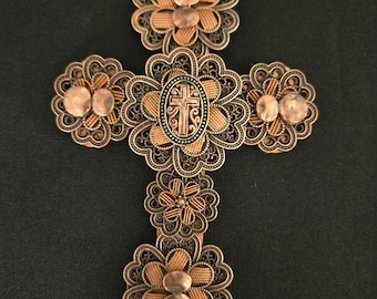 Handmade Metal Cross, Bronze&Copper Colored Cross, Original Signed Metal Art