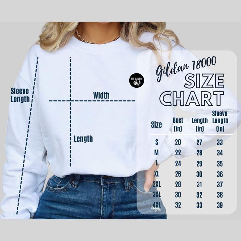 Pode incluir: Uma camisa de moletom branca Gildan 18000 com uma tabela de tamanhos mostrando as medidas de busto, comprimento e manga em polegadas.