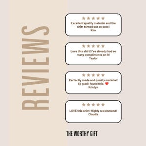 May include: A graphic display titled REVIEWS featuring four customer testimonials with five-star ratings. Each box contains text from Kim, Taylor, Kristyn, and Claudia praising shirt quality. The bottom text reads THE WORTHY GIFT in black.