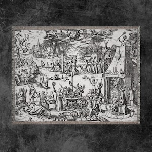 May include: A black and white woven throw blanket featuring a detailed, historical etching. The artwork depicts a crowded scene with numerous figures, buildings, and natural elements. The blanket has a fringed edge and a neutral border.