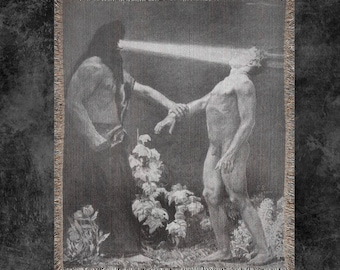 May include: Black and white woven throw blanket featuring a classical art scene. The artwork depicts two figures, one holding the other's arm, with a beam of light emanating from the first figure's face. The blanket has a fringed edge.