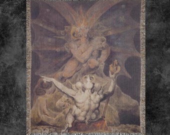 Puede incluir: Manta tejida con una pintura clásica con figuras en tonos beige, marrón y gris. La obra de arte representa múltiples figuras en una escena dramática, con un borde detallado y bordes con flecos.