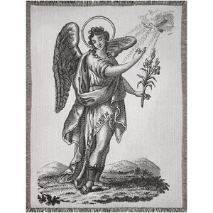 May include: Black and white tapestry featuring a detailed illustration of an angel with wings, holding a bouquet of lilies. The angel is standing on a grassy hill with a halo above its head.