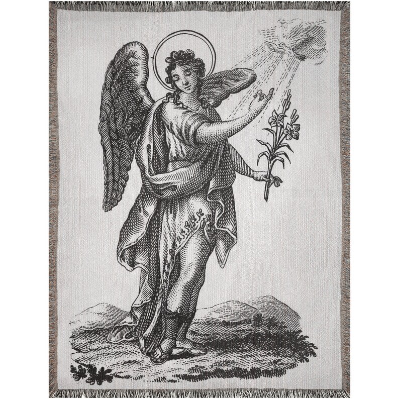 May include: Black and white tapestry featuring a detailed illustration of an angel with wings, holding a bouquet of lilies. The angel is standing on a grassy hill with a halo above its head.