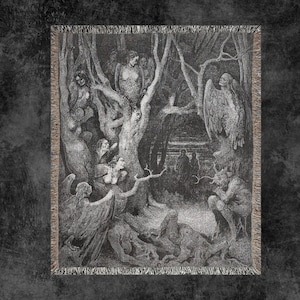 May include: Black and white tapestry depicting a scene from a dark fantasy story. The tapestry features a group of figures in a forest setting, with trees, branches, and a shadowy figure in the background. The figures are dressed in dark clothing and have a haunting, ethereal quality.