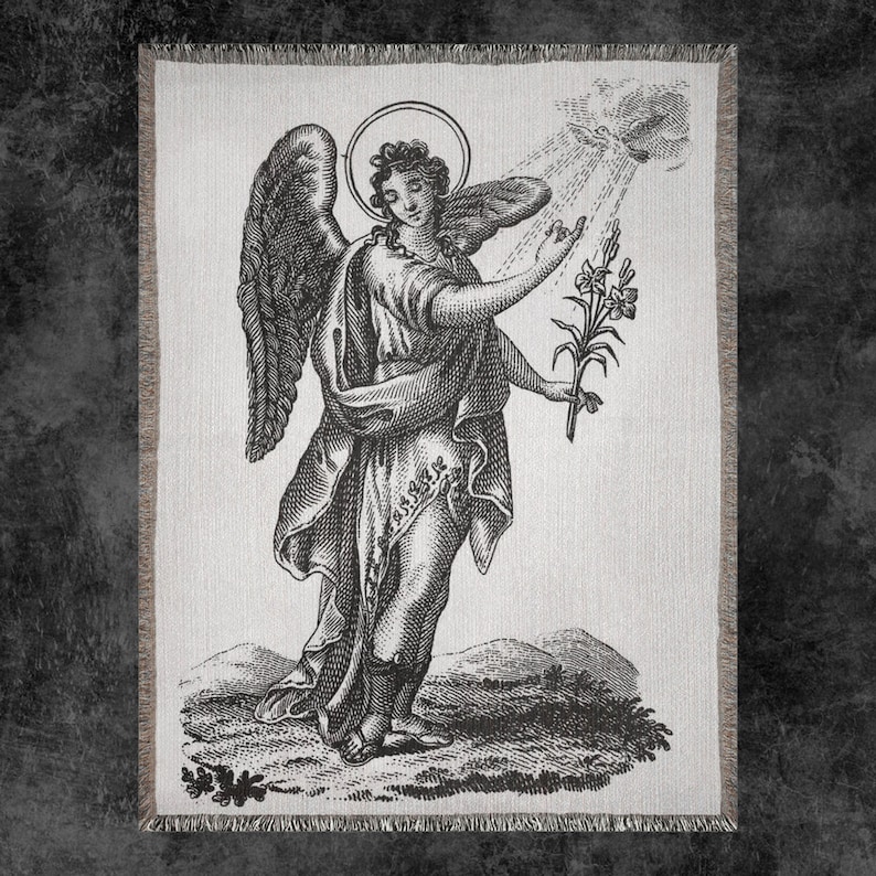 May include: A black and white illustration of an angel with wings holding a bouquet of lilies. The angel is wearing a long robe and has a halo above its head.