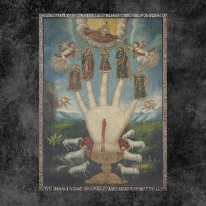 May include: A woven tapestry depicting a surreal religious scene. A large hand with figures on each finger, a chalice, and lambs are shown. The artwork has a vintage aesthetic with muted colours and a detailed composition.