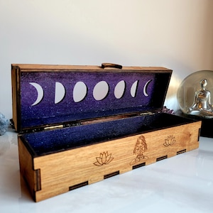 Incense box burner, Engraved incense box, Wooden incense holder, Phases of the moon gift.