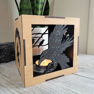 Rabenschatten-Laterne, Raben-Teelichthalter, Raben-Schlafzimmerlampe, Raben-Beleuchtungsdekor, Rabenliebhaber-Geschenkideen
