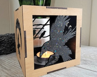 Holographic Raven Lantern, Maple Wood Tealight Holder, Gothic Decor