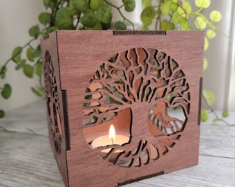 Maple Wood Tree of Life Lantern, Laser Cut Tealight Holder, Shadow Decor