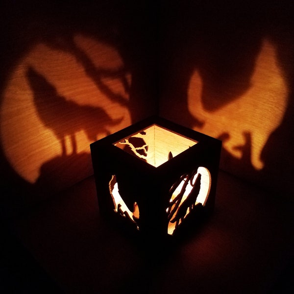 Howling Wolf shadow lantern, Wolf gifts, Wolf Decor, Wooden Tealight Holder