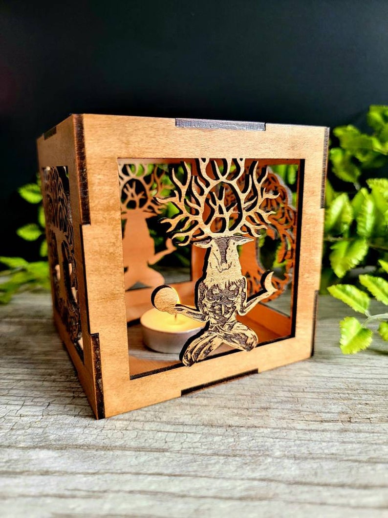 Cernunnos shadow lantern, cernunnos tealight holder, tree of life decor, celtic decor, tree of life gifts image 2