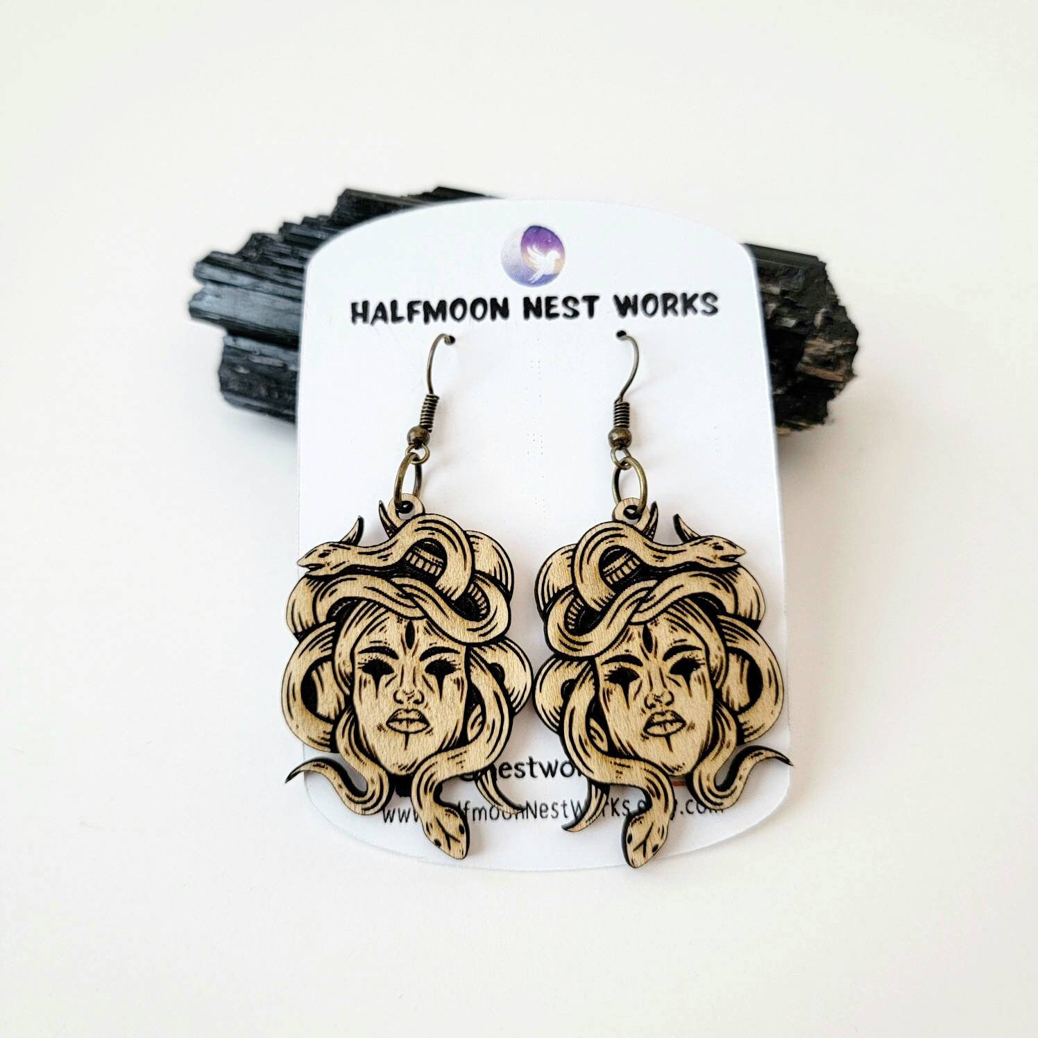 Medusa Earrings Wooden Engraved Medusa Earrings Greek Mythology
