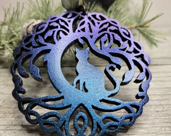 Tree of life ornament, cat on the moon ornament, wooden ornaments