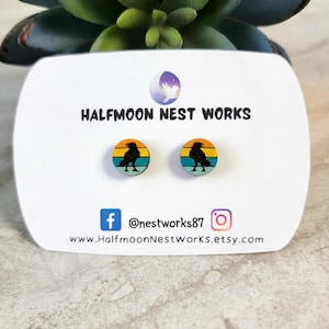 Retro sunset stud earrings, vintage raven earrings, retro raven studs, raven lover gifts, retro raven jewelry
