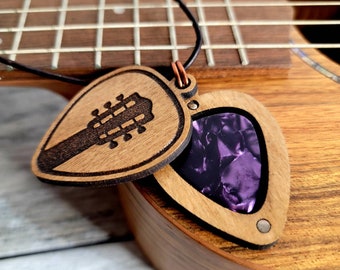 Pick holder necklace, personalized guitar necklace, wooden pick holder, guitarist gifts