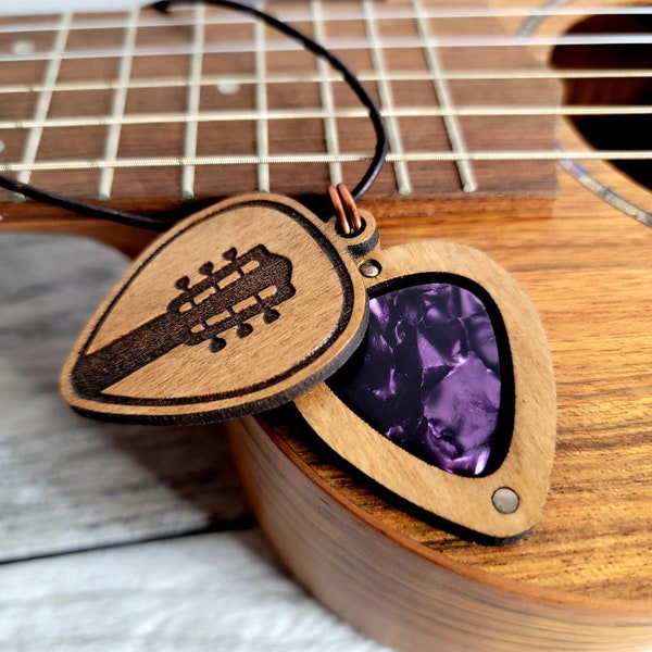 Pick holder necklace, personalized guitar necklace, wooden pick holder, guitarist gifts