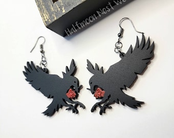 Flying raven earrings, raven and rose dangle earrings, gothic jewelry, raven gifts