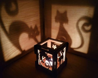 Cat wooden lantern, cat shadow box, cat tealight holder, Halloween cat décor
