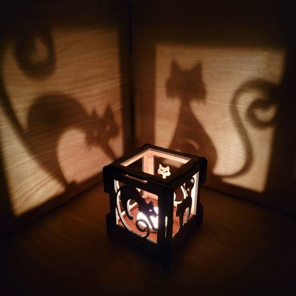 Cat wooden lantern, cat shadow box, cat tealight holder, Halloween cat décor