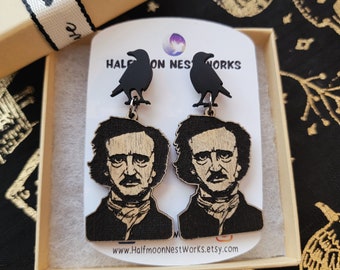 Edgar Allan Poe Raven Earrings, Gothic Raven Jewelry, Lightweight Maple Wood Literary Gift