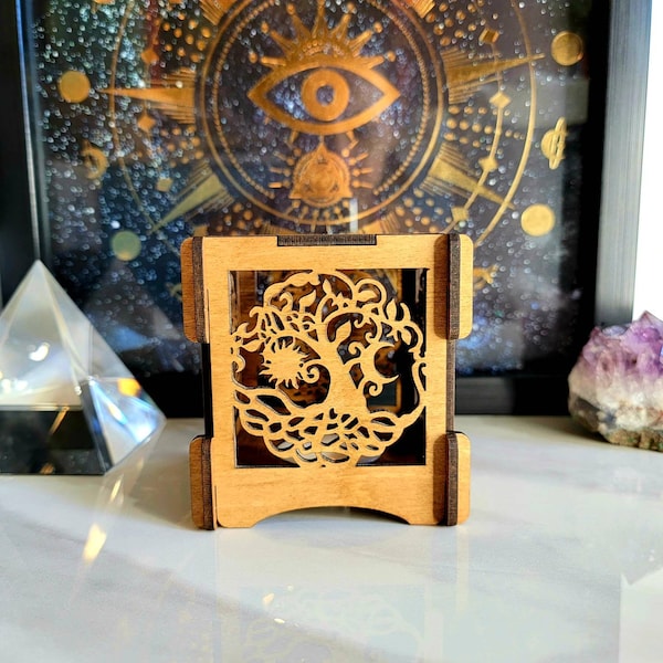 Tree of life lantern, sun and moon decor, wooden tealight holder, tree of life gifts